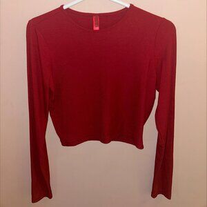 Skims Small Red Long-sleeved Ribbed Cropped Shirt